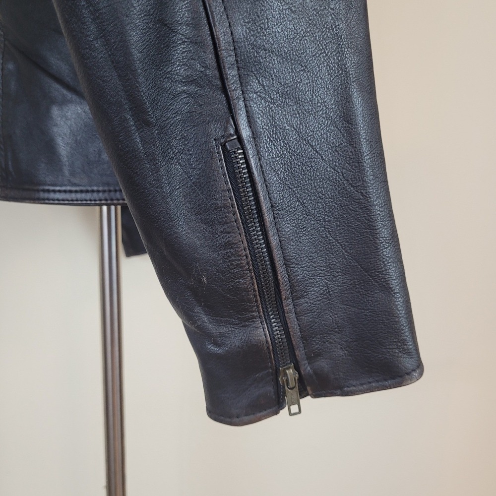 Badge Leather Jacket Mens Large Black Distressed Belted Moto Biker Asymmetrical - Picture 13 of 14